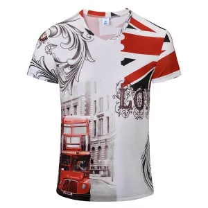 Casual Bus Flag Printing Vintage V-Neck T-Shirt Breathable Short Sleeved Tees For Men