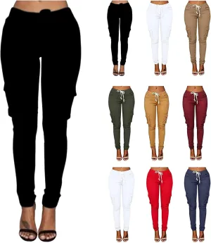 Casual Stretch Drawstring Skinny Pants for Women Plus Size Cargo Jogger Pants High Waist Tie Butt Lift Trousers Pockets