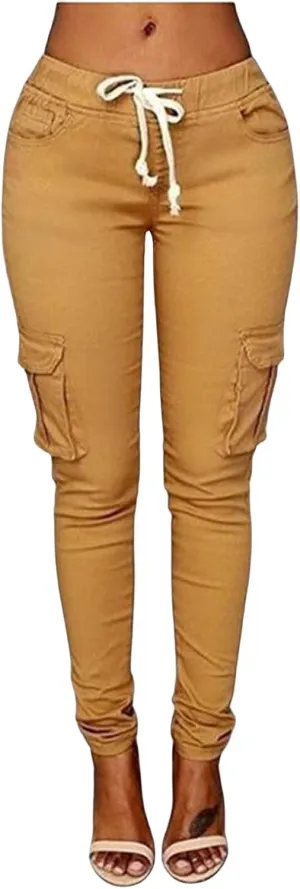 Casual Stretch Drawstring Skinny Pants for Women Plus Size Cargo Jogger Pants High Waist Tie Butt Lift Trousers Pockets