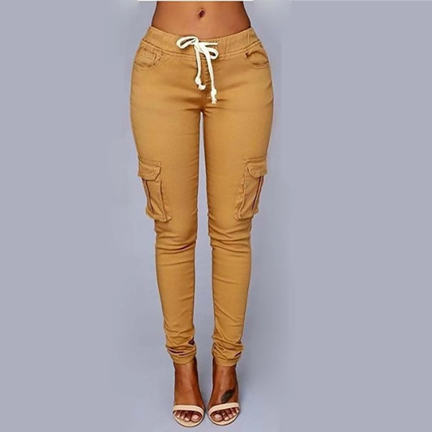 Casual Stretch Drawstring Skinny Pants for Women Plus Size Cargo Jogger Pants High Waist Tie Butt Lift Trousers Pockets