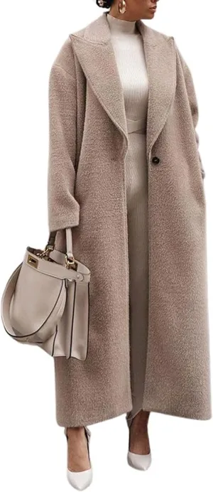 CHARTOU Women Oversized Long Winter Peacoat Lapel Collar Boucle Wool Blend Trench Overcoat