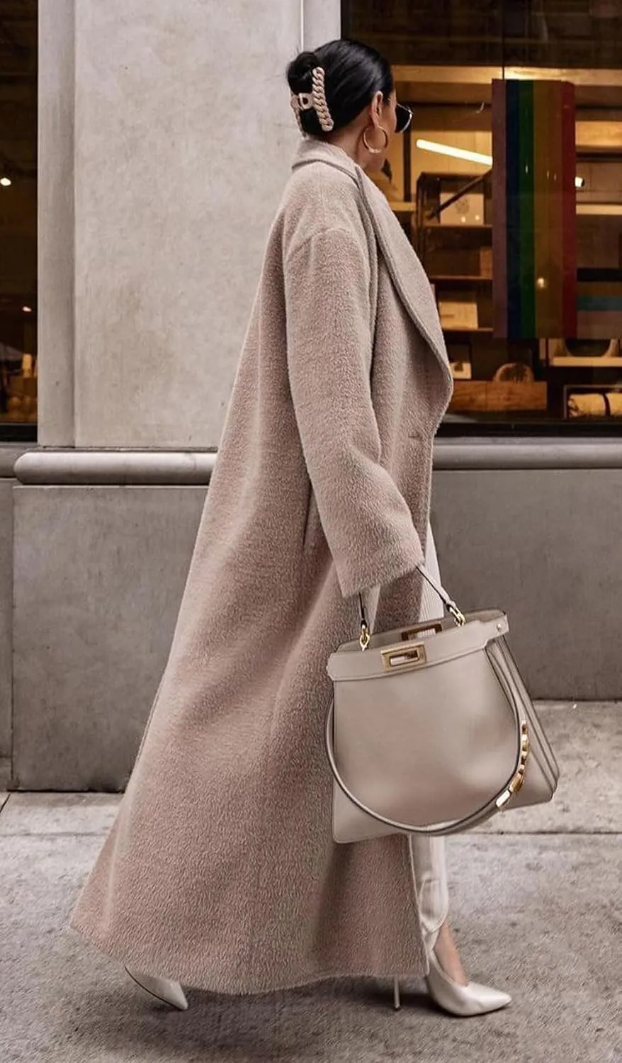 CHARTOU Women Oversized Long Winter Peacoat Lapel Collar Boucle Wool Blend Trench Overcoat