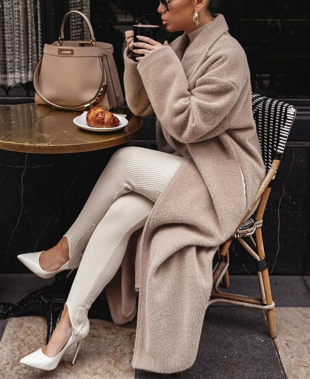 CHARTOU Women Oversized Long Winter Peacoat Lapel Collar Boucle Wool Blend Trench Overcoat