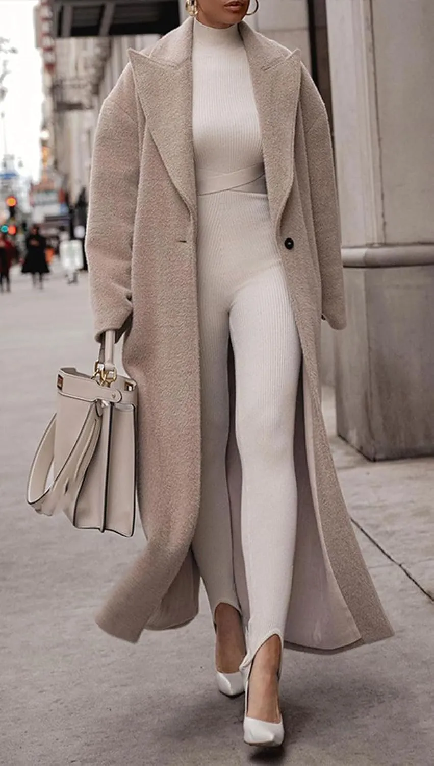 CHARTOU Women Oversized Long Winter Peacoat Lapel Collar Boucle Wool Blend Trench Overcoat