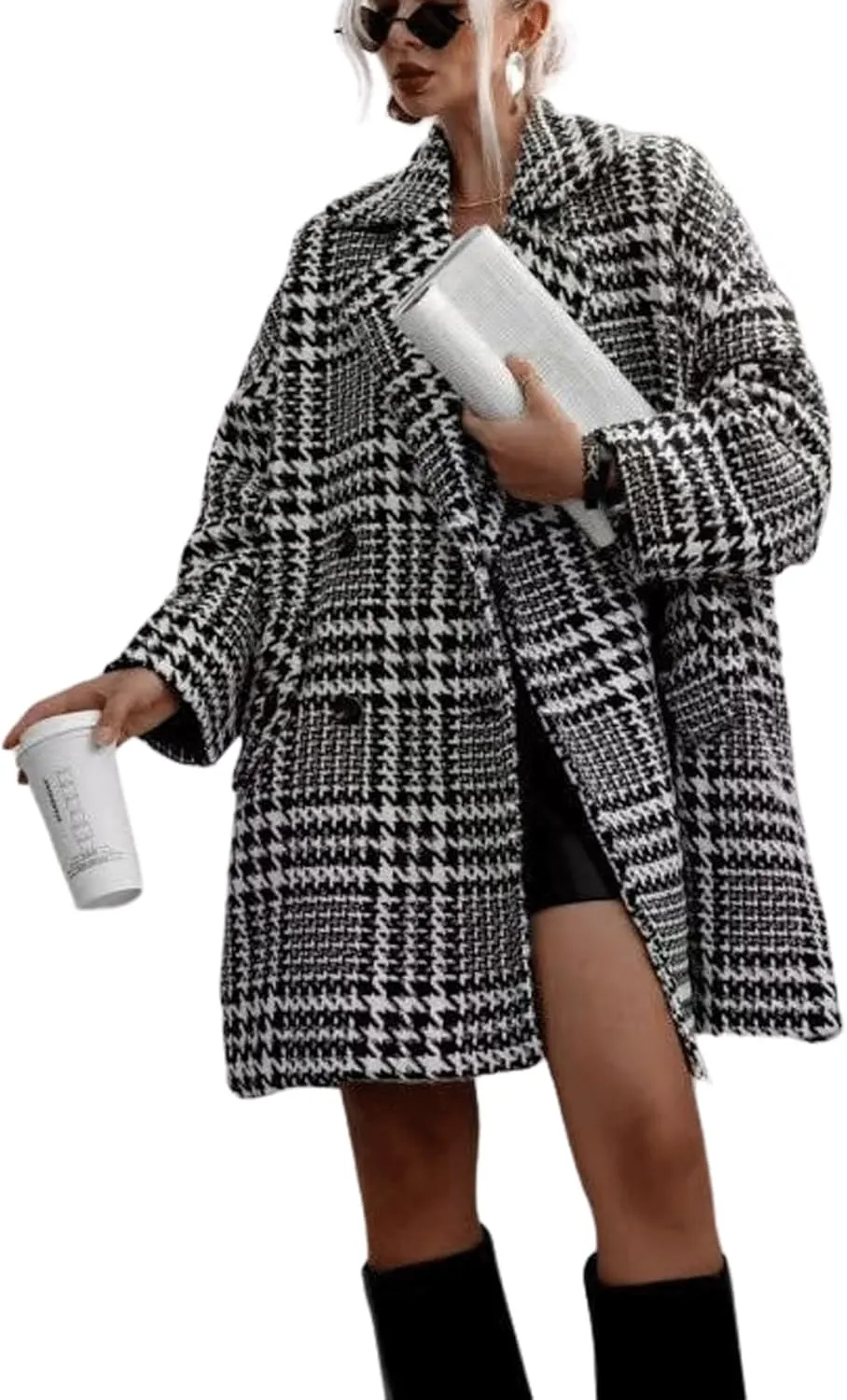 CHARTOU Womens Oversized Blazed Collar Double Breasted Overcoat Thick Plaid Pea Coat Jacket Long Trench Coat