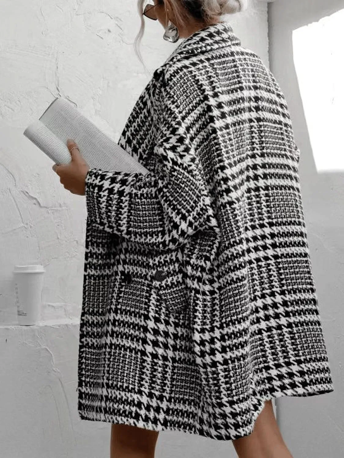 CHARTOU Womens Oversized Blazed Collar Double Breasted Overcoat Thick Plaid Pea Coat Jacket Long Trench Coat