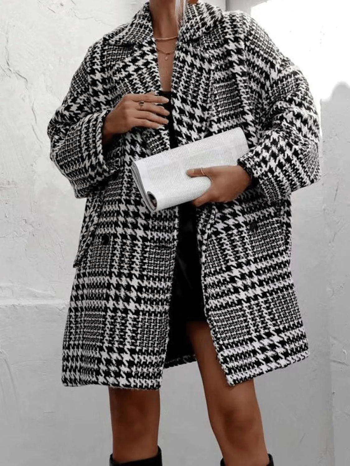 CHARTOU Womens Oversized Blazed Collar Double Breasted Overcoat Thick Plaid Pea Coat Jacket Long Trench Coat