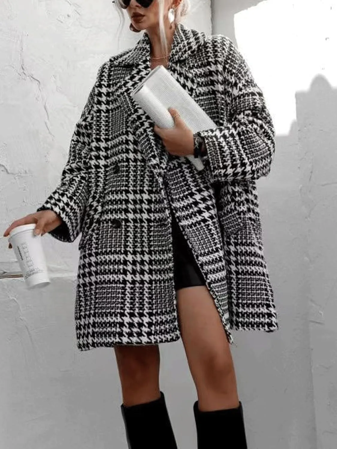 CHARTOU Womens Oversized Blazed Collar Double Breasted Overcoat Thick Plaid Pea Coat Jacket Long Trench Coat