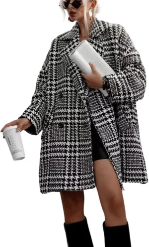 CHARTOU Womens Oversized Blazed Collar Double Breasted Overcoat Thick Plaid Pea Coat Jacket Long Trench Coat