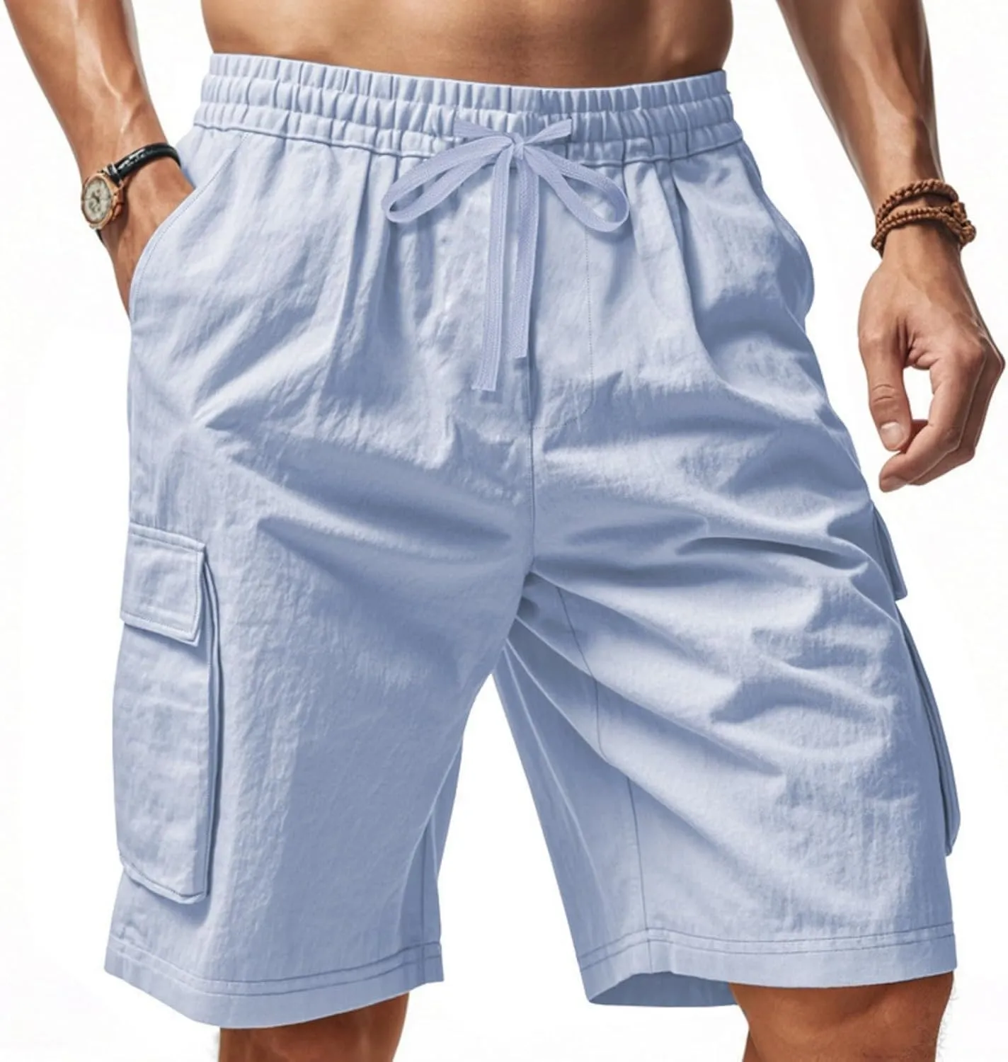 Chino Cargo Shorts for Men Elastic Waist Drawstring Loose Fishing Hiking Long Shorts Work Lounge Pants with Pockets