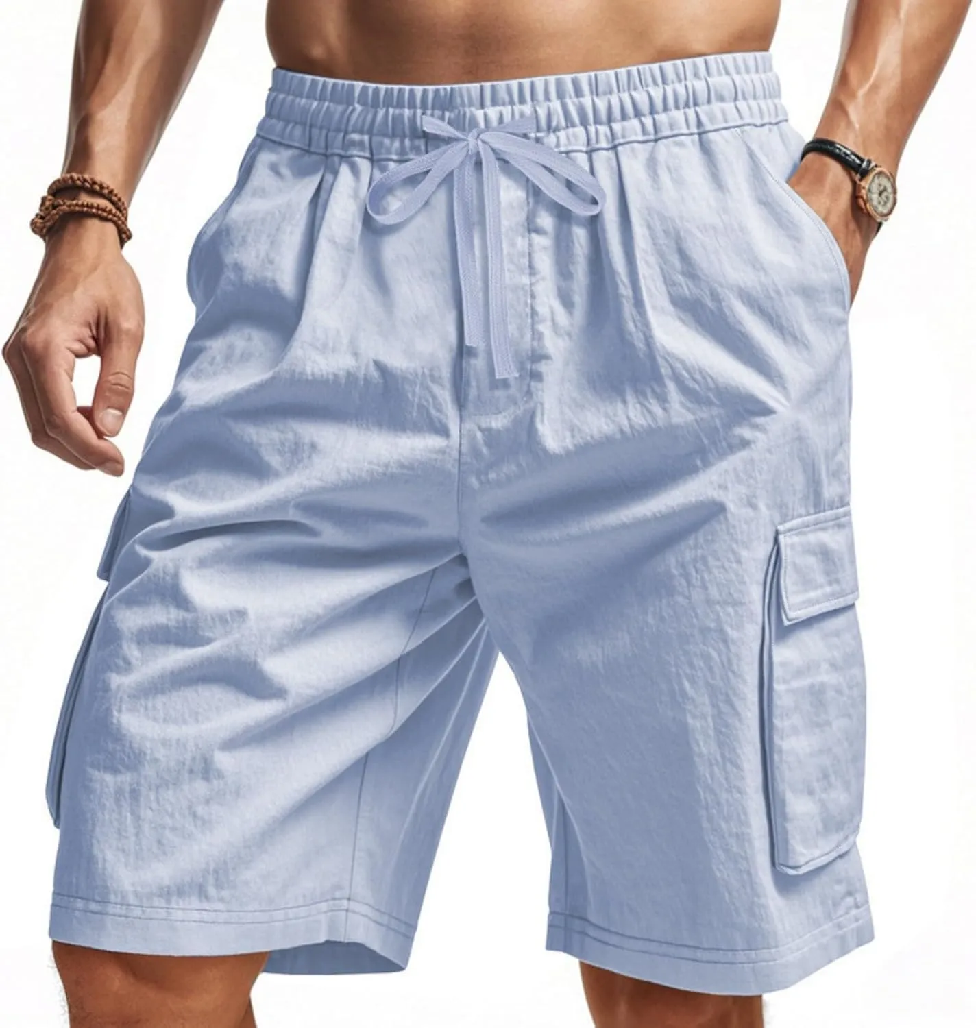 Chino Cargo Shorts for Men Elastic Waist Drawstring Loose Fishing Hiking Long Shorts Work Lounge Pants with Pockets