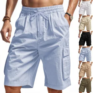 Chino Cargo Shorts for Men Elastic Waist Drawstring Loose Fishing Hiking Long Shorts Work Lounge Pants with Pockets