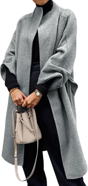 Cicy Bell Womens Long Pea Coats Oversized Wrap Wool Blend Trench Coats Winter Open Front Cardigan Overcoats