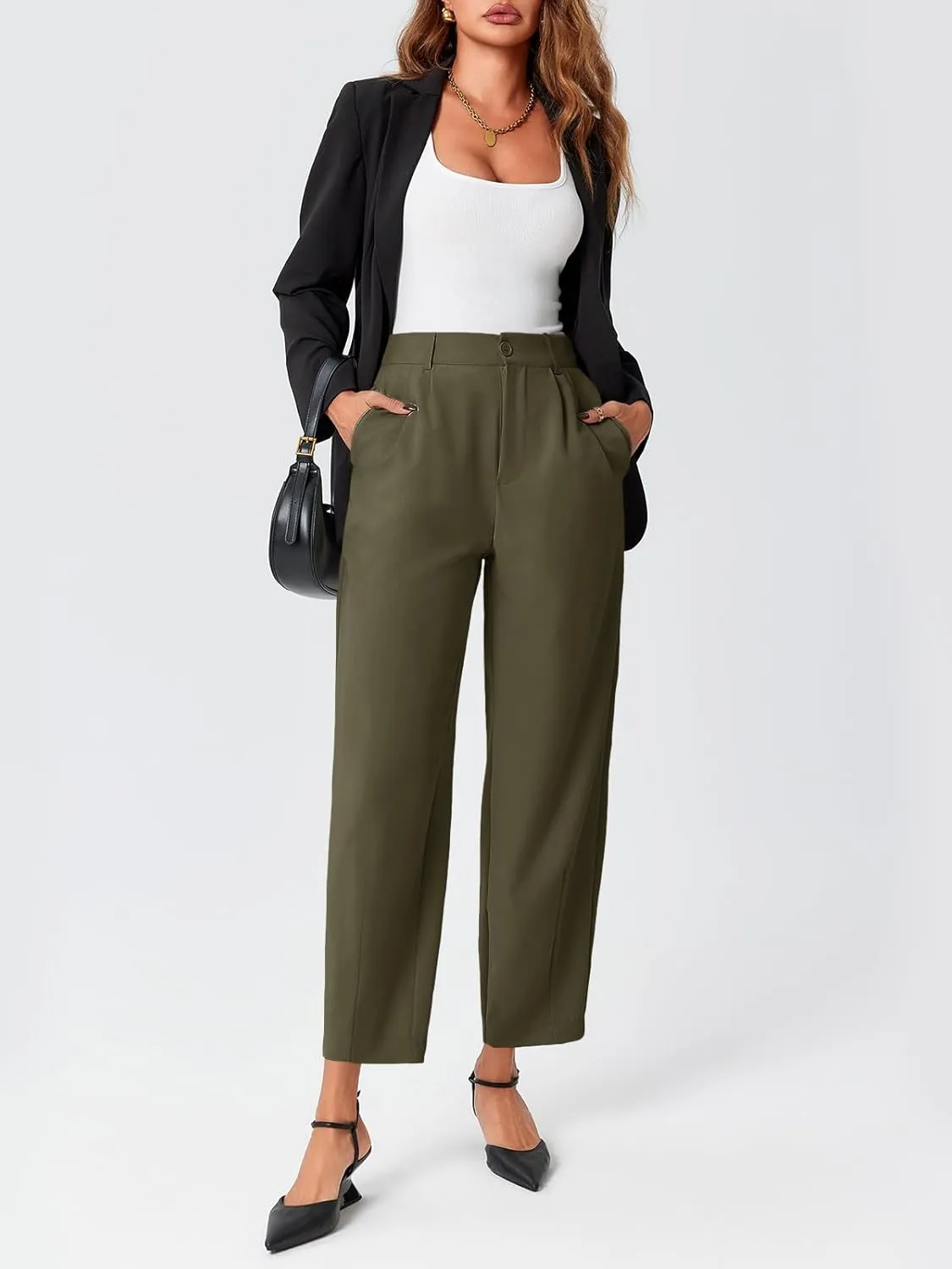Cicy Bell Womens Work Dress Pants High Waited Pleated Straight Leg Casual Trousers with Pockets