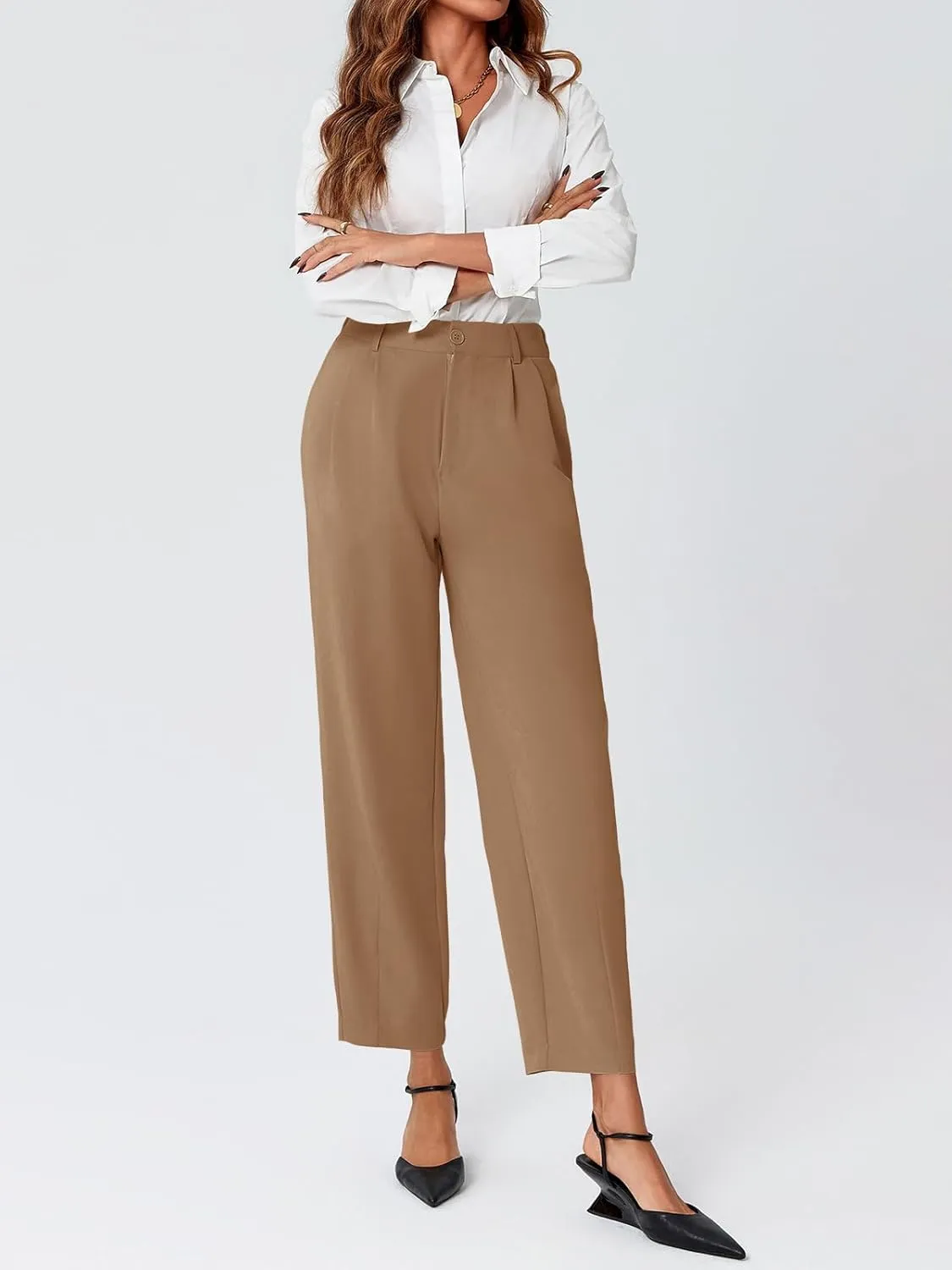 Cicy Bell Womens Work Dress Pants High Waited Pleated Straight Leg Casual Trousers with Pockets