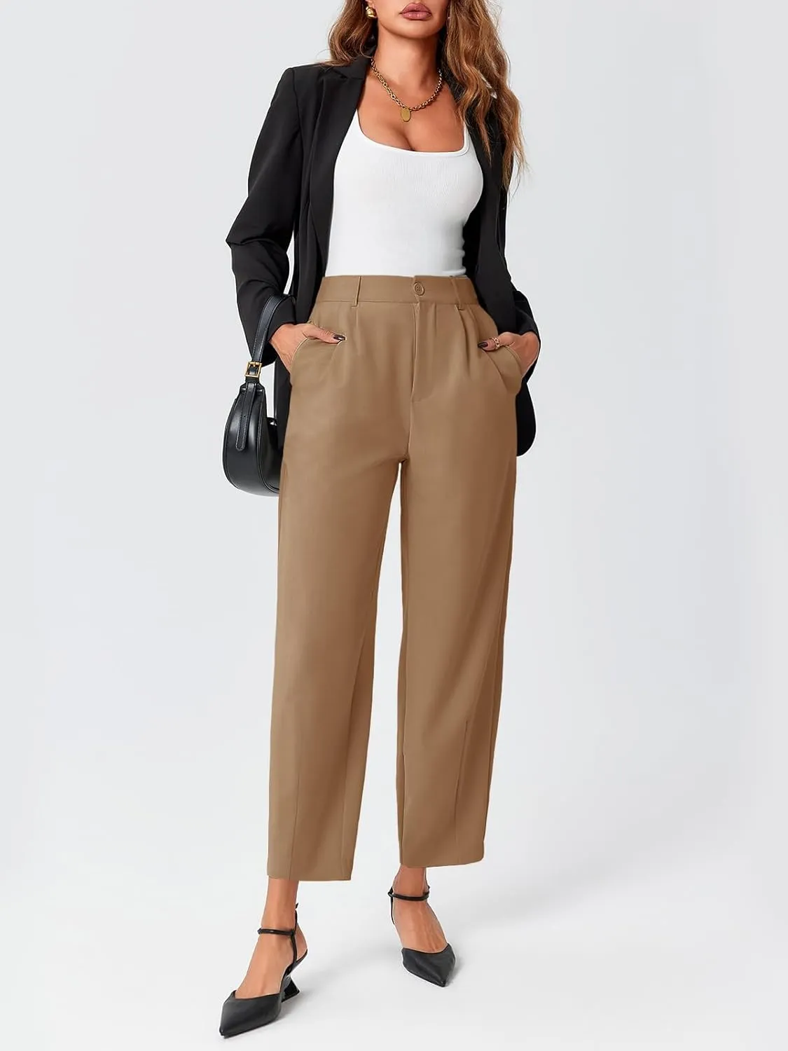 Cicy Bell Womens Work Dress Pants High Waited Pleated Straight Leg Casual Trousers with Pockets