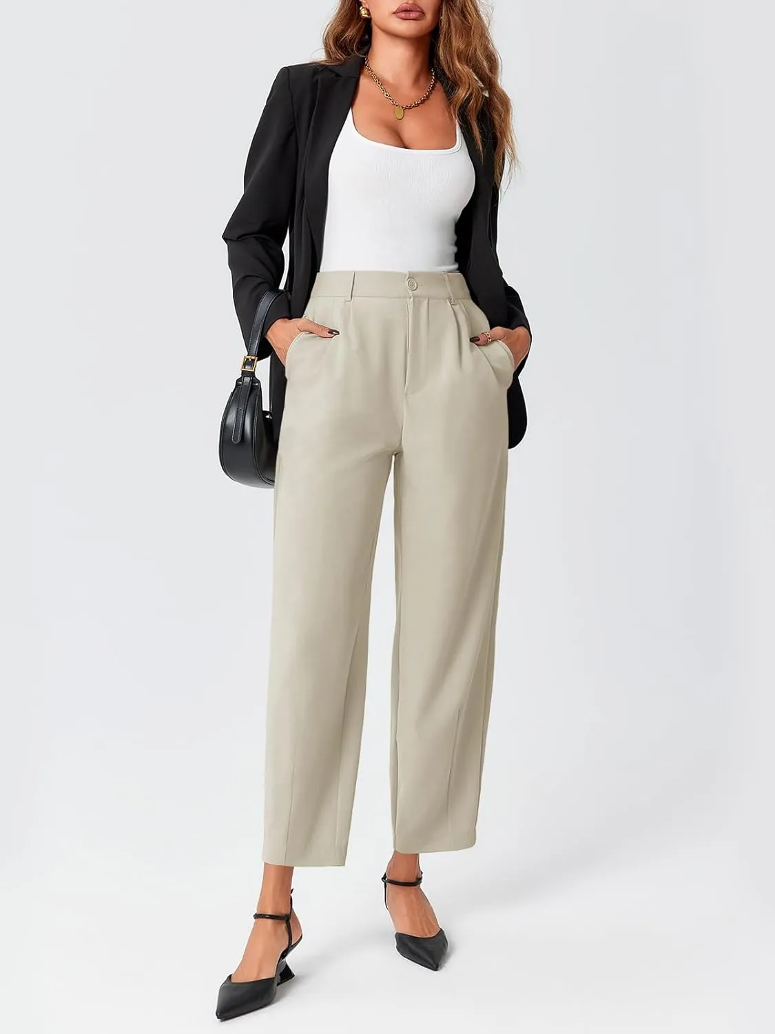 Cicy Bell Womens Work Dress Pants High Waited Pleated Straight Leg Casual Trousers with Pockets