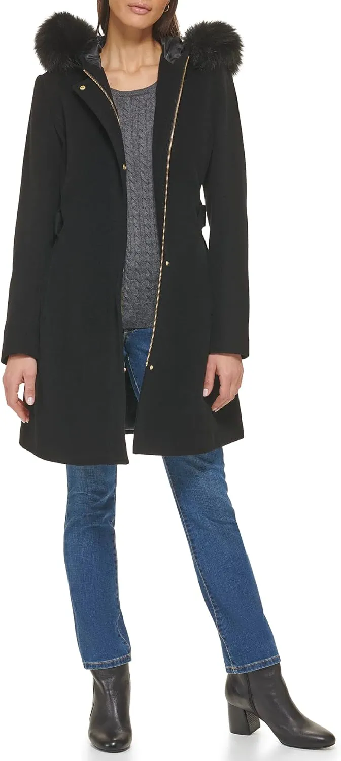 Cole Haan Women's Hooded Coat Slick Wool with Detatchable Faux Fur Trim