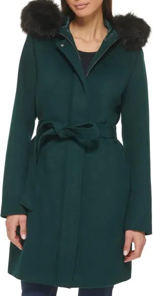 Cole Haan Women's Hooded Coat Slick Wool with Detatchable Faux Fur Trim