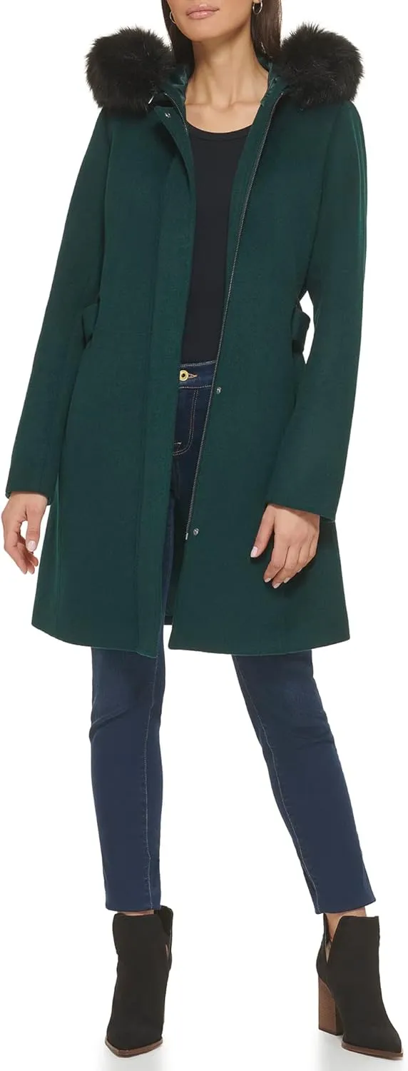 Cole Haan Women's Hooded Coat Slick Wool with Detatchable Faux Fur Trim