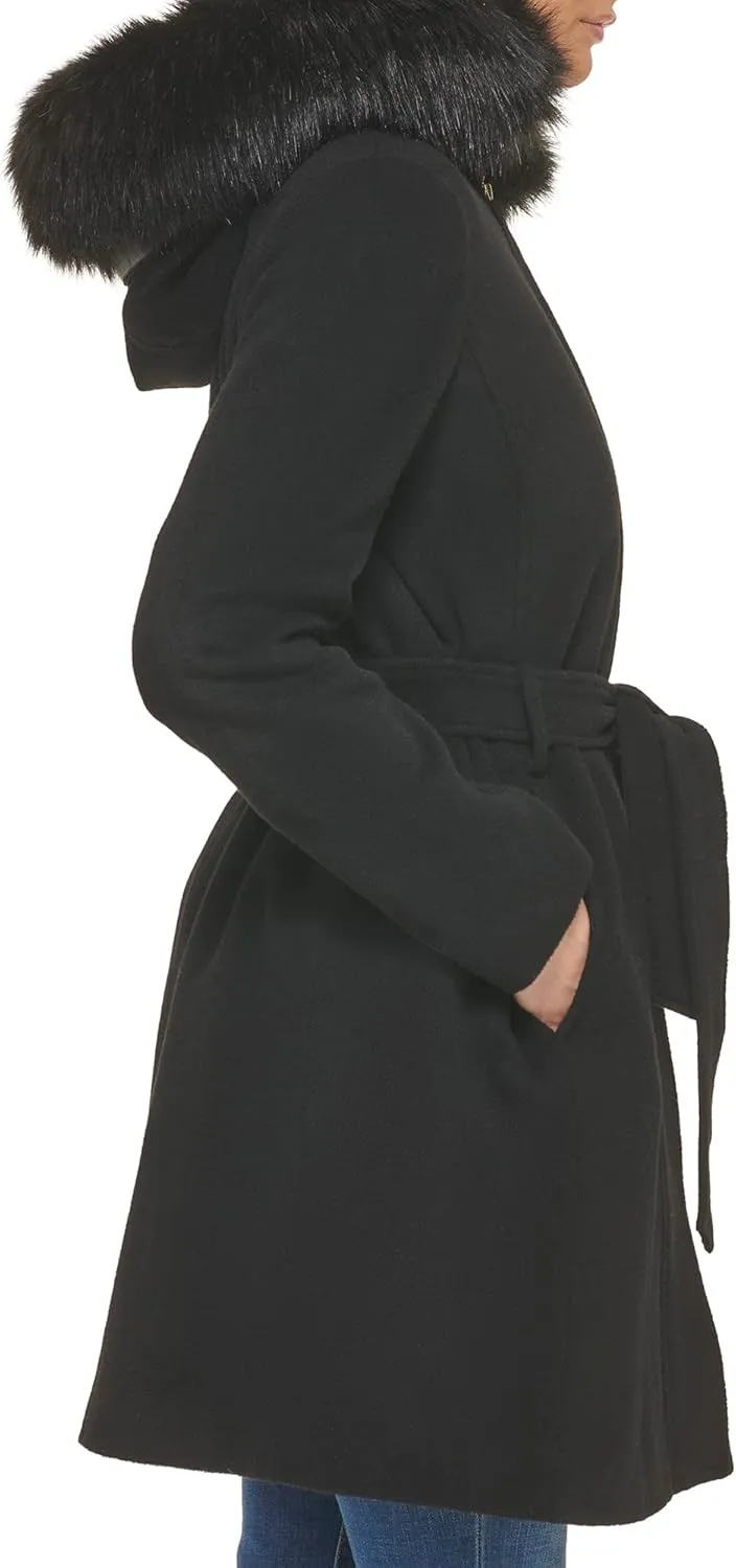 Cole Haan Women's Hooded Coat Slick Wool with Detatchable Faux Fur Trim