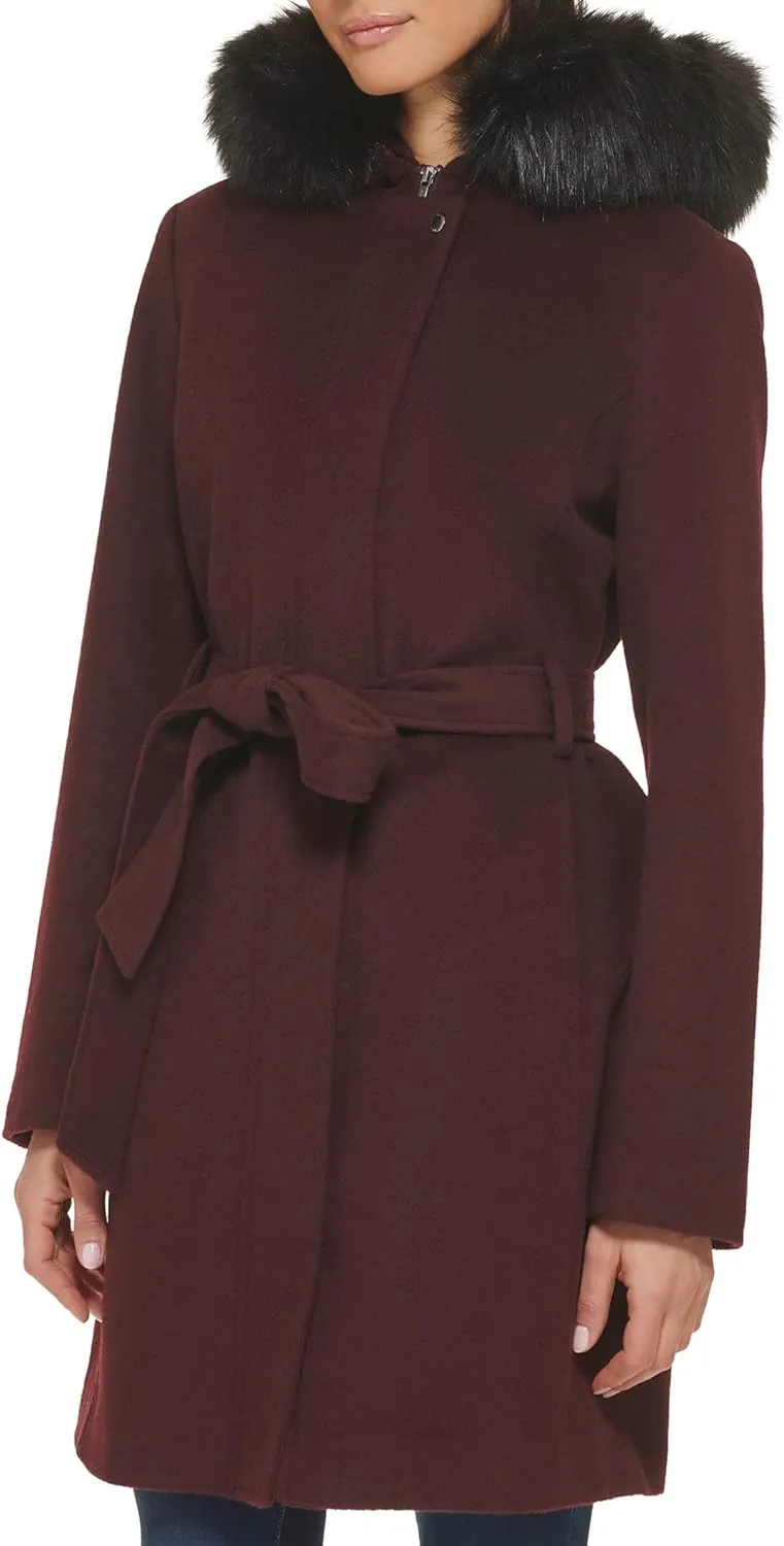 Cole Haan Women's Hooded Coat Slick Wool with Detatchable Faux Fur Trim