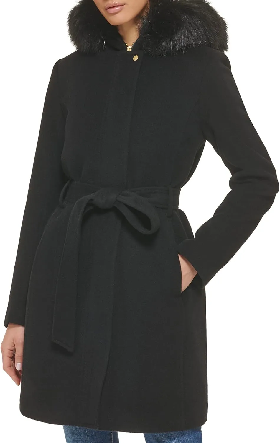 Cole Haan Women's Hooded Coat Slick Wool with Detatchable Faux Fur Trim