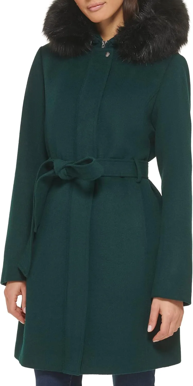 Cole Haan Women's Hooded Coat Slick Wool with Detatchable Faux Fur Trim