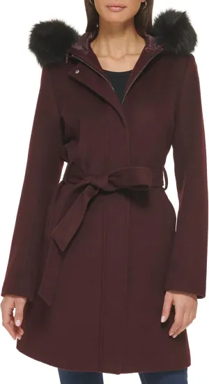 Cole Haan Women's Hooded Coat Slick Wool with Detatchable Faux Fur Trim