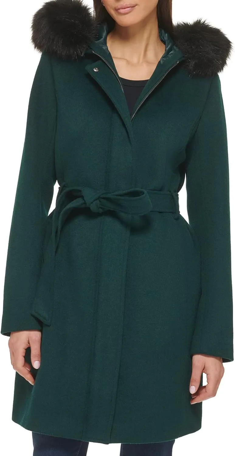 Cole Haan Women's Hooded Coat Slick Wool with Detatchable Faux Fur Trim
