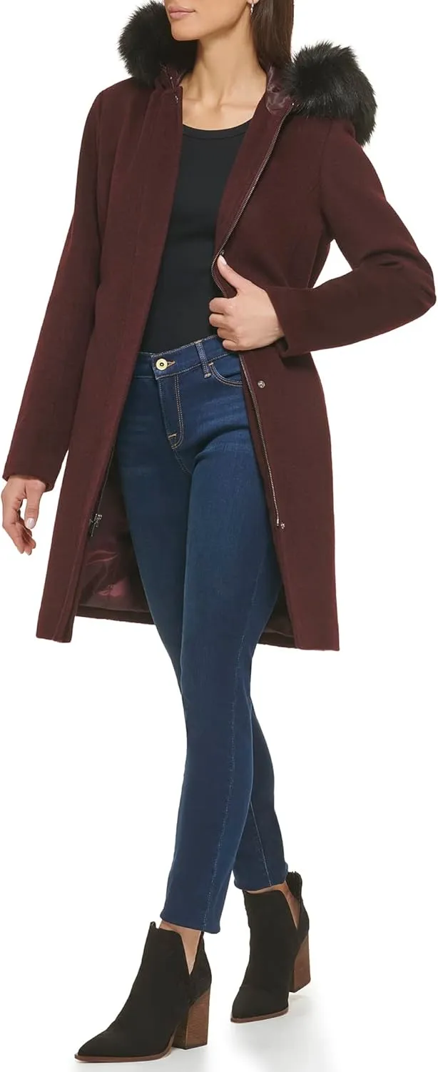 Cole Haan Women's Hooded Coat Slick Wool with Detatchable Faux Fur Trim