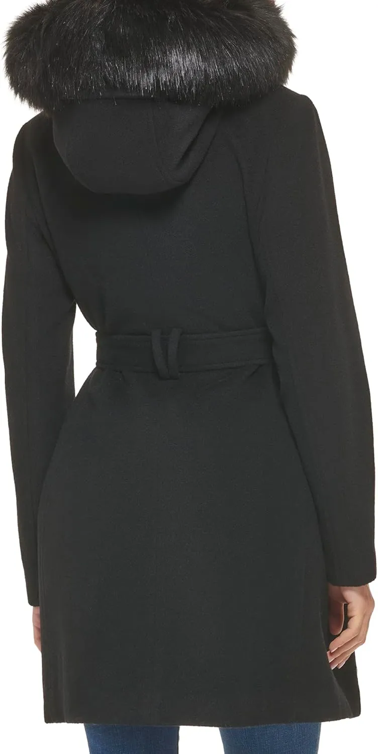 Cole Haan Women's Hooded Coat Slick Wool with Detatchable Faux Fur Trim