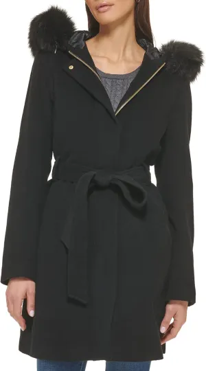 Cole Haan Women's Hooded Coat Slick Wool with Detatchable Faux Fur Trim