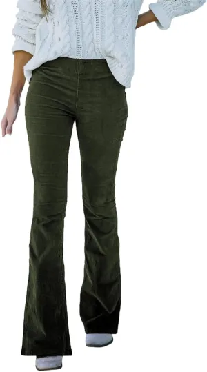 Corduroy Flare Pants Women Elastic High Waist Bell Bottom Trousers Vintage Slim Fit Pants Trouser with Pockets
