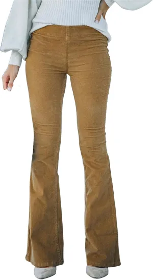 Corduroy Flare Pants Women Elastic High Waist Bell Bottom Trousers Vintage Slim Fit Pants Trouser with Pockets