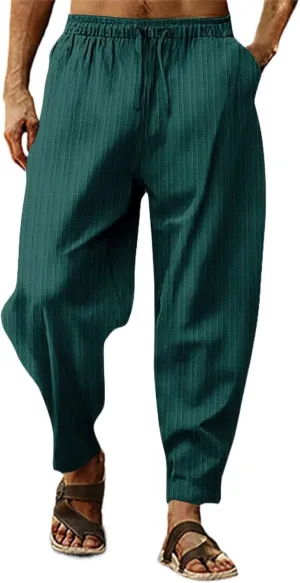 Cotton Linen Dress Pants for Men Casual Classic Elastic Waist Beach Pants Summer Lightweight Trouser with Pockets