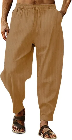Cotton Linen Dress Pants for Men Casual Classic Elastic Waist Beach Pants Summer Lightweight Trouser with Pockets