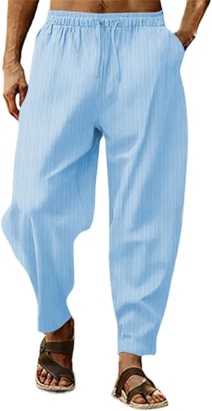 Cotton Linen Dress Pants for Men Casual Classic Elastic Waist Beach Pants Summer Lightweight Trouser with Pockets