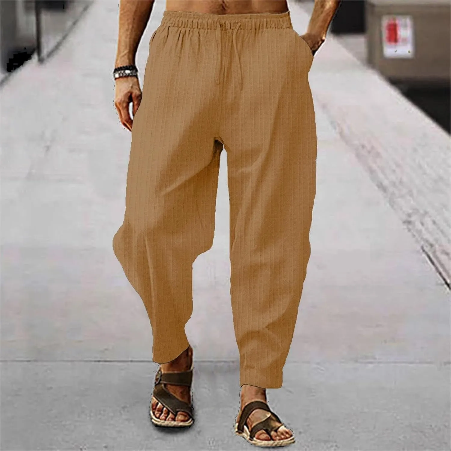 Cotton Linen Dress Pants for Men Casual Classic Elastic Waist Beach Pants Summer Lightweight Trouser with Pockets