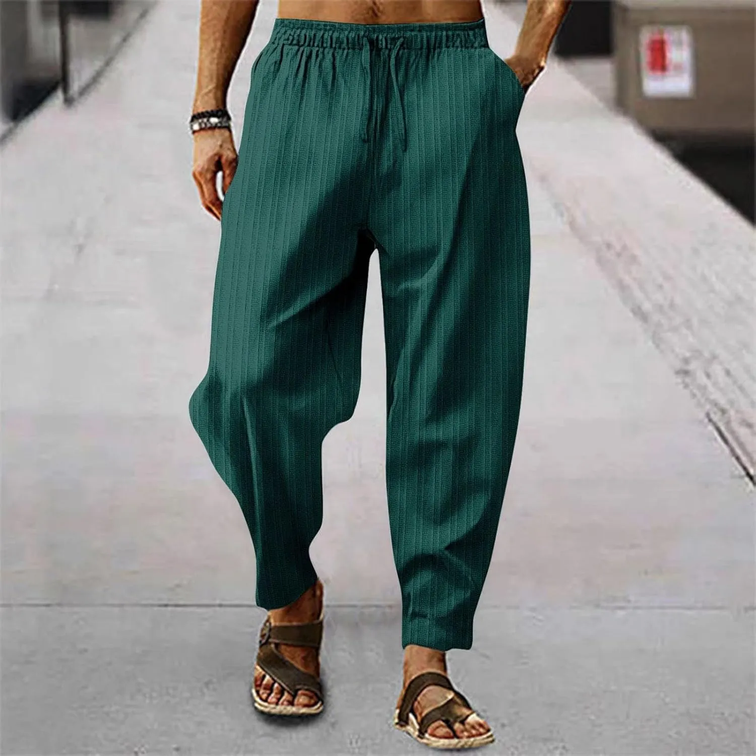 Cotton Linen Dress Pants for Men Casual Classic Elastic Waist Beach Pants Summer Lightweight Trouser with Pockets