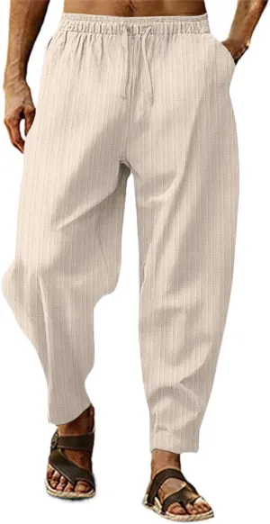 Cotton Linen Dress Pants for Men Casual Classic Elastic Waist Beach Pants Summer Lightweight Trouser with Pockets