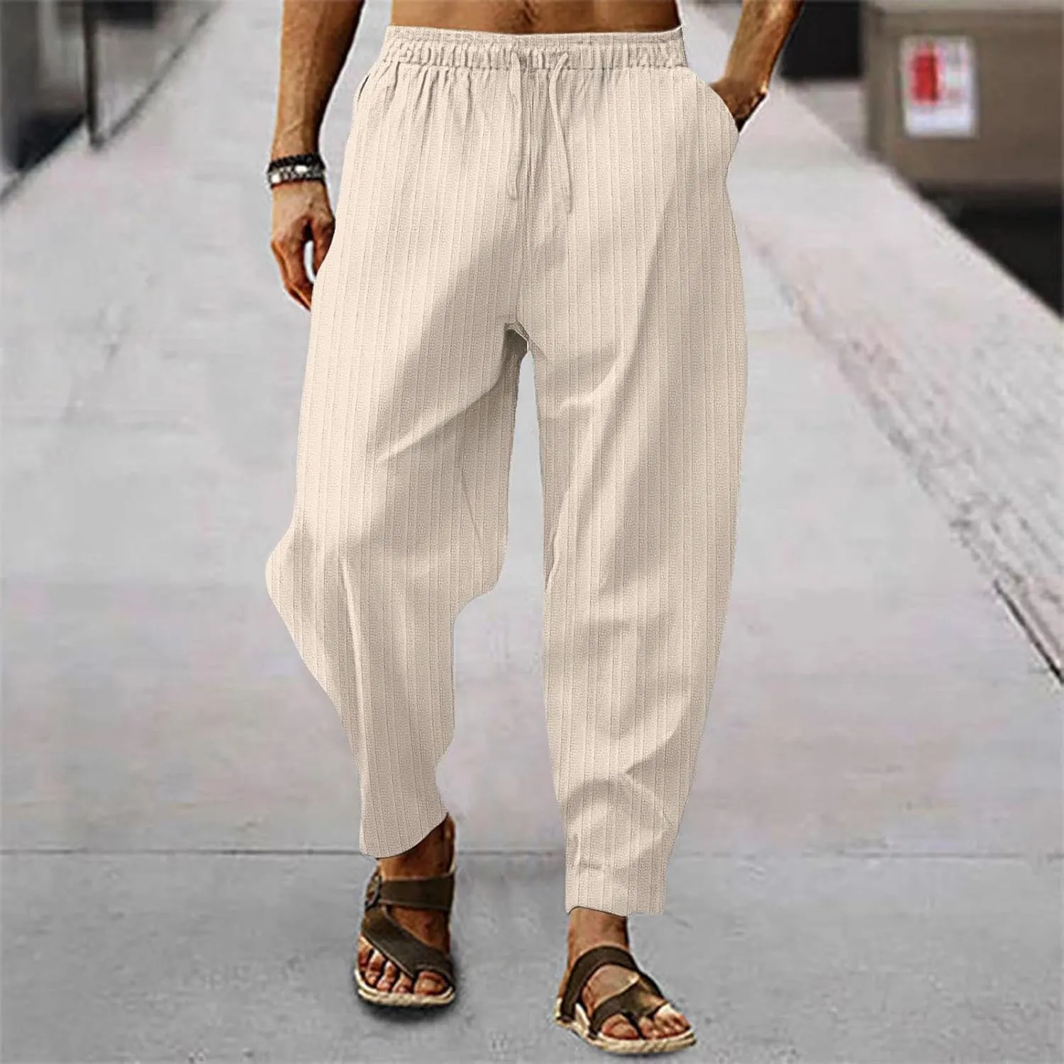 Cotton Linen Dress Pants for Men Casual Classic Elastic Waist Beach Pants Summer Lightweight Trouser with Pockets