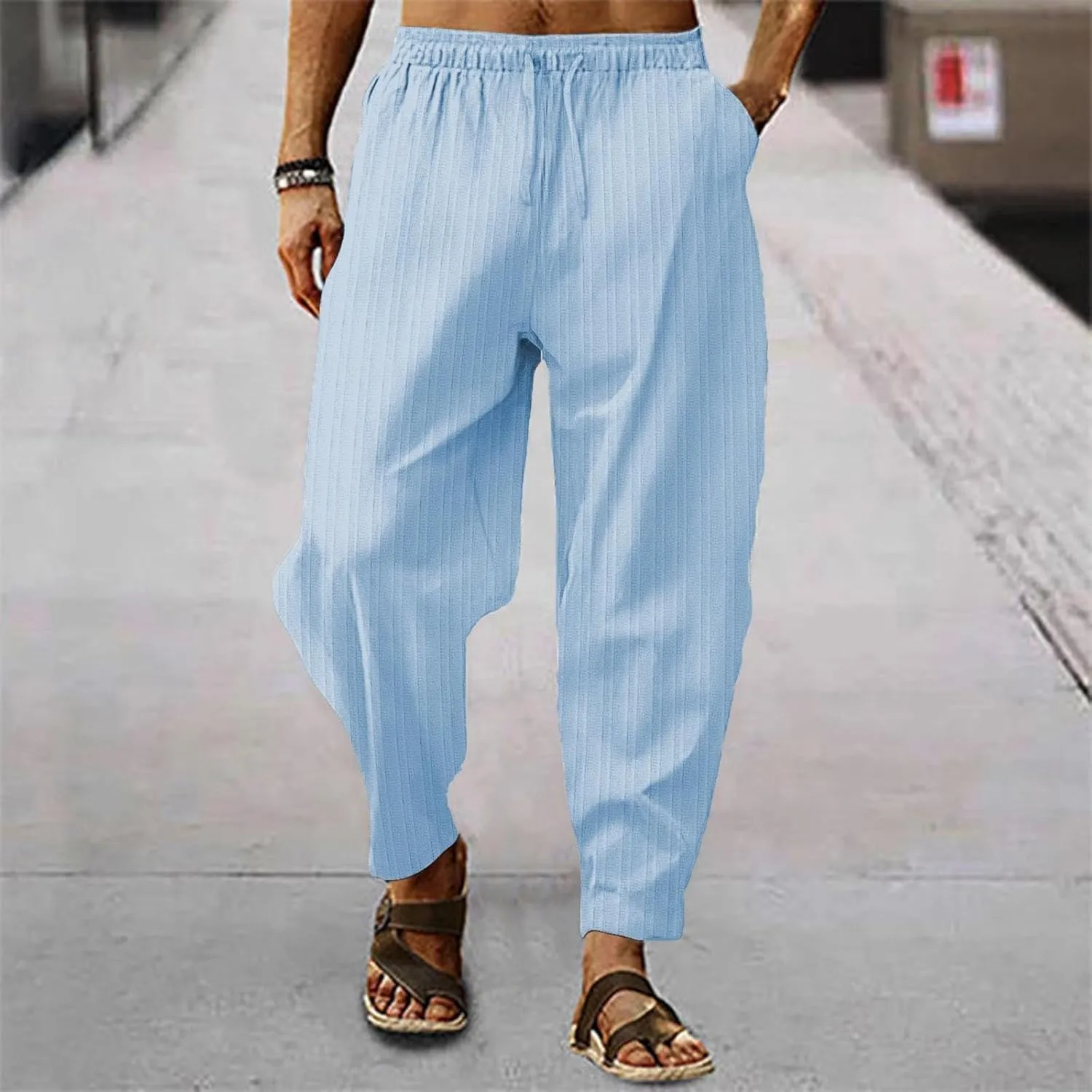 Cotton Linen Dress Pants for Men Casual Classic Elastic Waist Beach Pants Summer Lightweight Trouser with Pockets