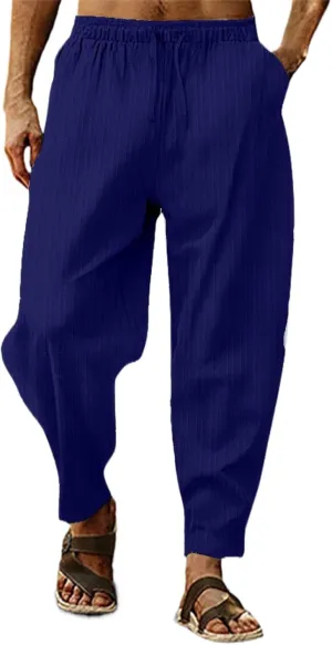 Cotton Linen Dress Pants for Men Casual Classic Elastic Waist Beach Pants Summer Lightweight Trouser with Pockets