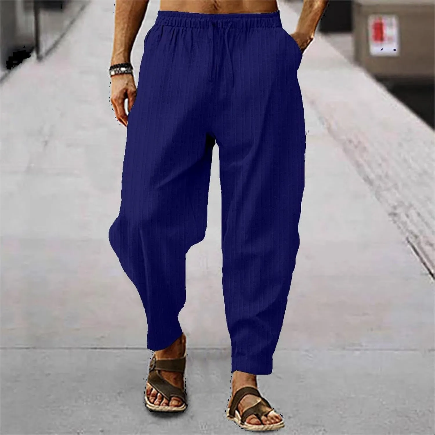 Cotton Linen Dress Pants for Men Casual Classic Elastic Waist Beach Pants Summer Lightweight Trouser with Pockets