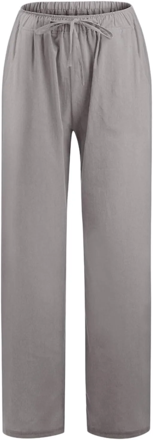 Cotton Linen Pants Women Straight Leg Casual Elastic High Waist Drawstring Work Trousers Loose Summer Palazzo Pants