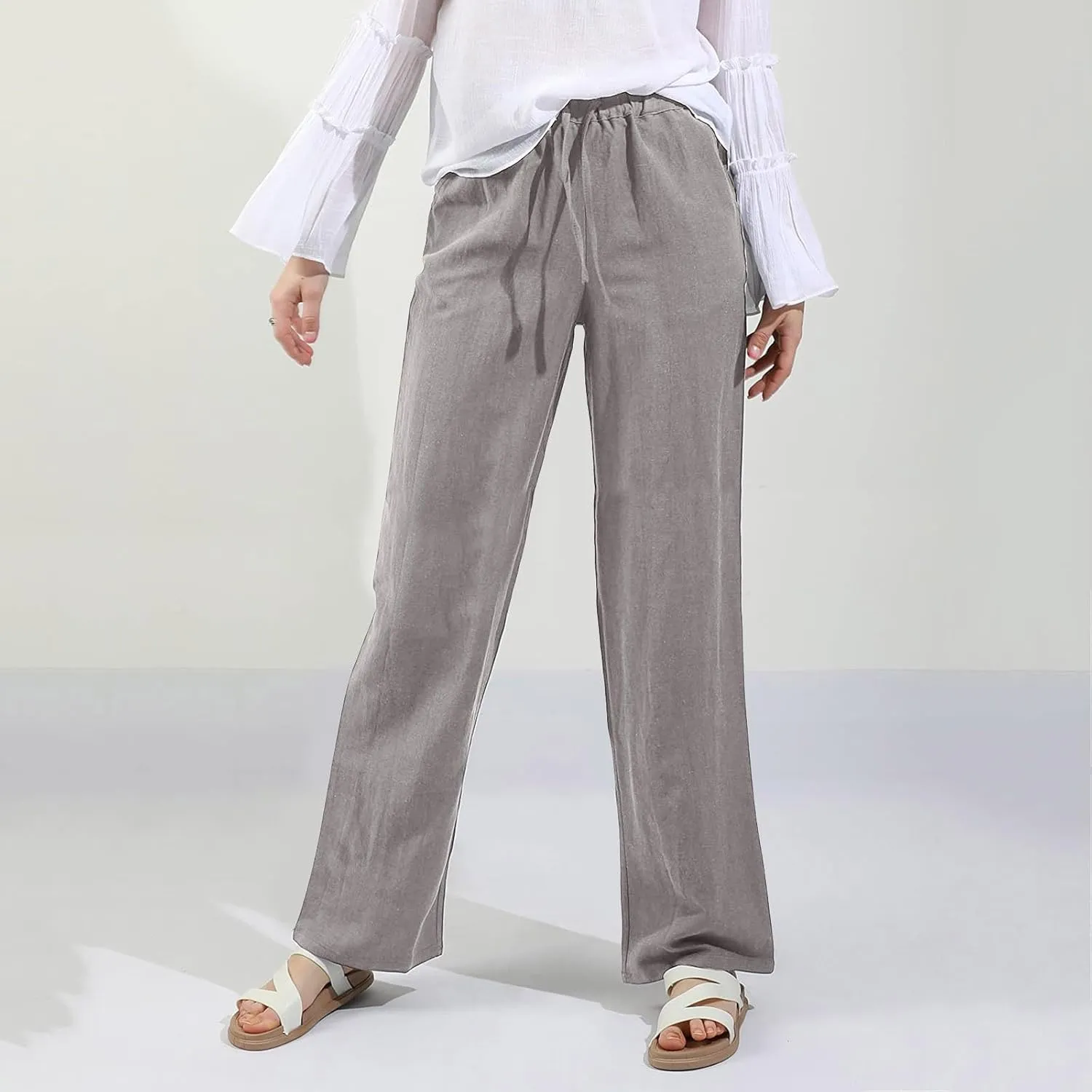 Cotton Linen Pants Women Straight Leg Casual Elastic High Waist Drawstring Work Trousers Loose Summer Palazzo Pants