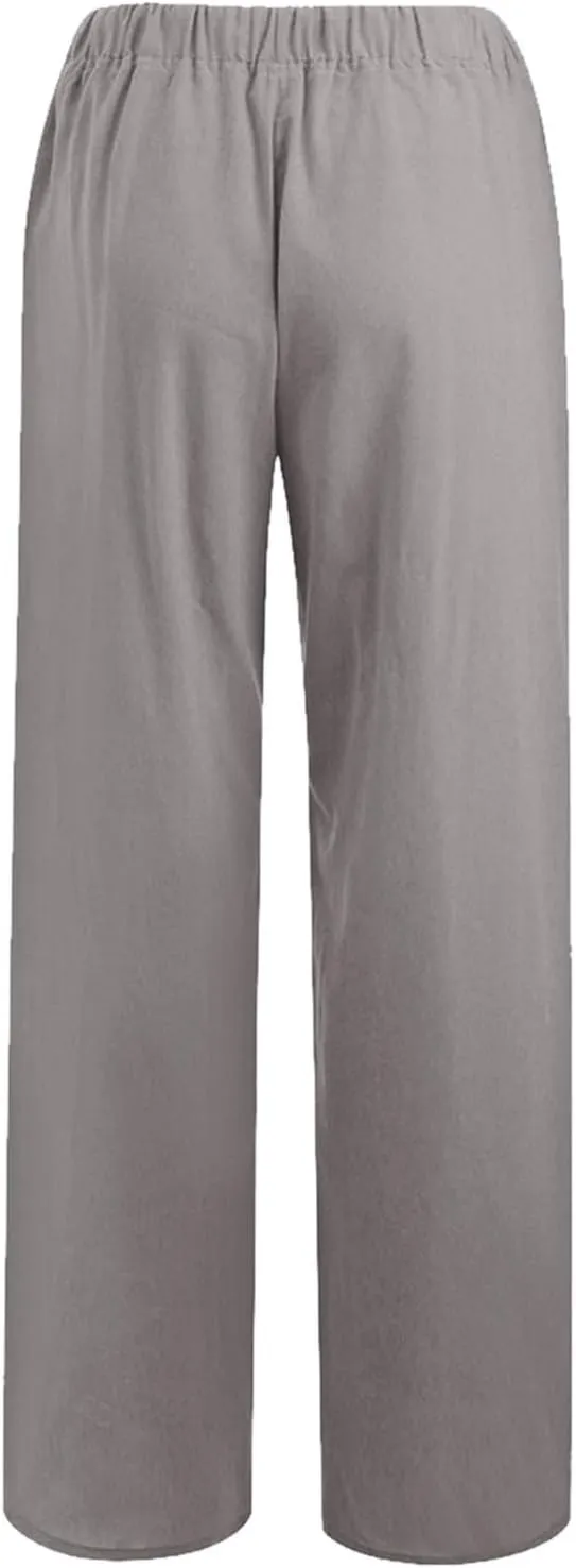 Cotton Linen Pants Women Straight Leg Casual Elastic High Waist Drawstring Work Trousers Loose Summer Palazzo Pants