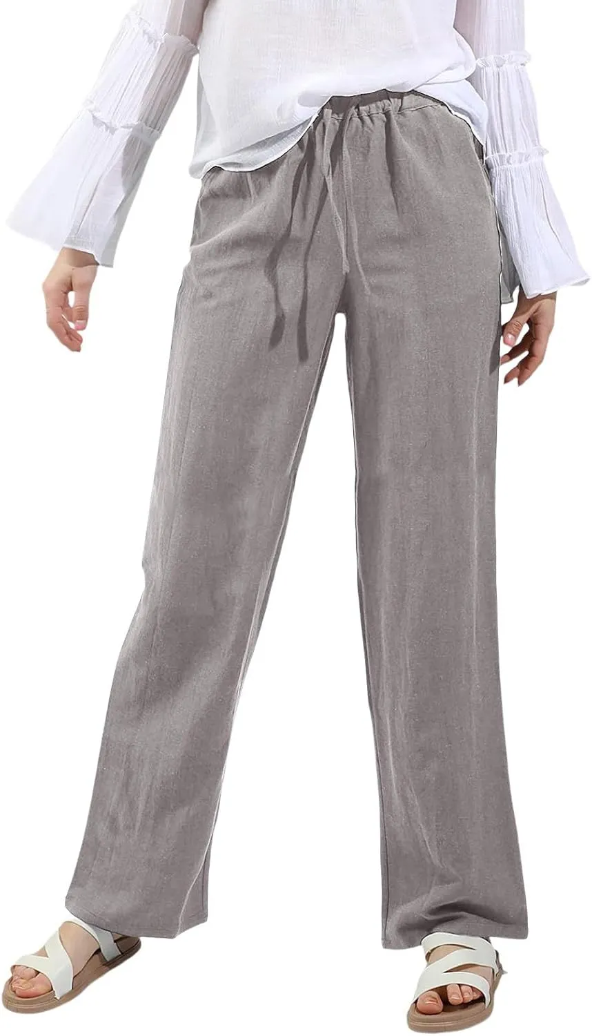 Cotton Linen Pants Women Straight Leg Casual Elastic High Waist Drawstring Work Trousers Loose Summer Palazzo Pants