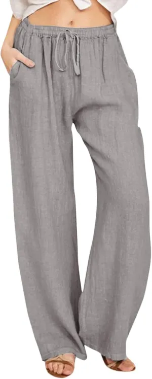 Cotton Linen Pants Women Straight Leg Casual Elastic High Waist Drawstring Work Trousers Loose Summer Palazzo Pants